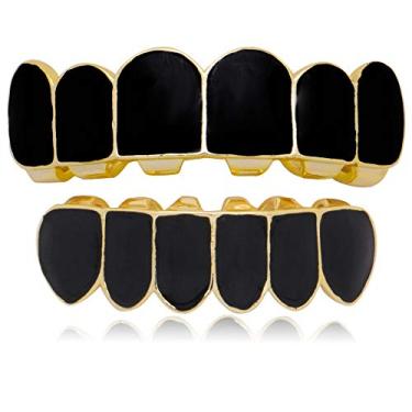 Imagem de OOCC Conjunto de grades superiores e inferiores para dentes Grillz banhados a preto hip hop punk fit 18K, metal