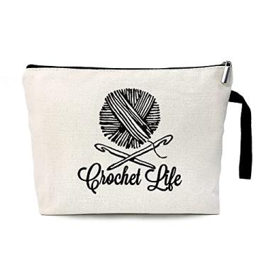 Imagem de ZHANTUONE Frochet Life Bolsa cosmética, presente para amantes de crochê, presente de aniversário para amigos de crochê, bolsa cosmética com tema de tricô, presentes para amantes de fios, presentes