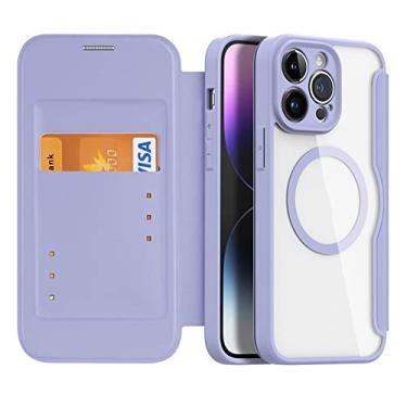 Imagem de LVCRFT Capa para iPhone 14/14 Plus/14 Pro/14 Pro Max, capa de telefone magnética tipo carteira de couro premium, capa traseira transparente com compartimento para cartão, suporta carregamento sem fio, roxa, 14 Pro 6,1 polegadas