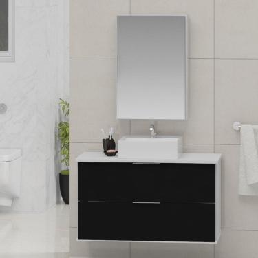 Imagem de Gabinete Banheiro 80cm com Cuba Sobrepor e Espelheira Rubi Gabinetes Joia Branco/Preto