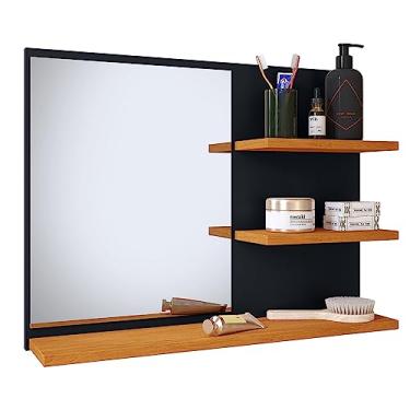 Imagem de Espelheira Parede Astra Pequena Prateleiras Organizadoras Espelho Banheiro Suspenso Resistente - RPM Móveis (Preto/Cinamomo)