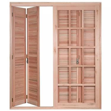 Imagem de Porta Janela com Veneziana Pantográfica e Caixilhos para Vidros Quadriculados de Correr Rondosul Natural