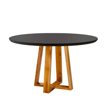 Imagem de Mesa de Jantar Redonda Natalle 120cm Madeira Maciça e Tampo Com Vidro Preto Stellar