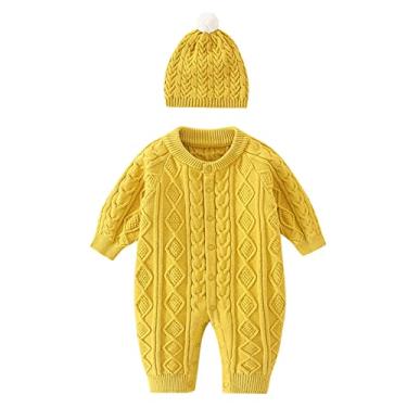 Imagem de Macacão de malha para bebês recém-nascidos de algodão manga comprida menino menina suéter roupas macacão macacão chapéu roupas, Amarelo, 12-18 Meses
