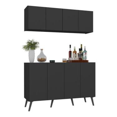 Imagem de Kit Bar Armário Aéreo E Aparador 4 Portas Retrô Multimóveis Mp1086 Preto Preto
