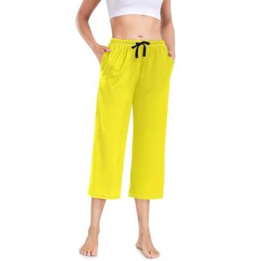 Imagem de CHIFIGNO Calça de pijama capri feminina com bolsos, calça de pijama confortável para ioga, perna larga, P-2GG, Amarelo canário, GG