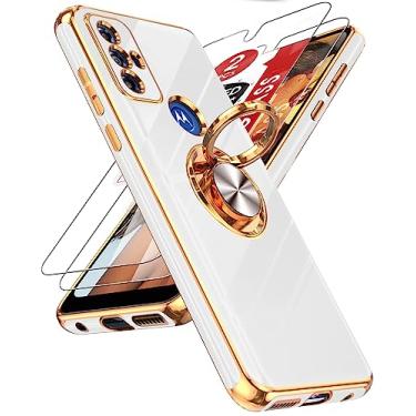 Imagem de LeYi Capa para Motorola Moto G Play 2023: com protetor de tela de vidro temperado [2 unidades] Suporte magnético giratório de 360°, capa protetora com borda de ouro rosa, branca