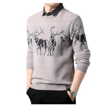 Imagem de Suéter masculino de lã falso de duas peças Jacquard suéter pulôver de manga comprida, Cáqui, M