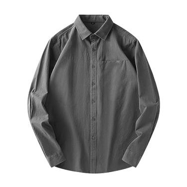 Imagem de Camisa social masculina de cor lisa abotoada manga longa camisa formal sem rugas, Cinza escuro, XXG