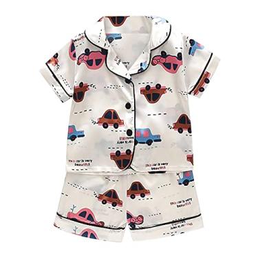 Imagem de Beziun Camiseta infantil de cetim para bebês meninas Cartoon Button Down manga curta shorts oungewear verão, Branco, 3-4 Anos