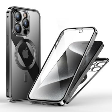 Imagem de KumWum Capa frontal e traseira para iPhone 15 Pro Max, transparente, compatível com Magsafe, fina, dupla face, protetor de tela de vidro de metal, fivela com protetor de lente de câmera - preto