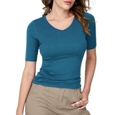 Imagem de Amoretu Camisetas femininas com gola V slim fit manga curta camisetas básicas, Turquesa, XXG