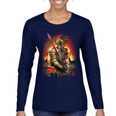 Imagem de Camiseta feminina de manga comprida Apocalypse Reaper Fantasy Skeleton Knight with a Sword Medieval Legendary Creature Dragon Wizard, Azul marinho, M