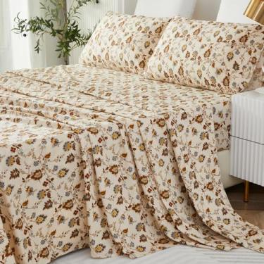 Imagem de Helthep Jogo de lençol floral, 100% algodão, estampa floral, 100% algodão, lençol com 44,5 cm de profundidade, 4 peças, lençol de flor vintage botânico cáqui para cama de casal