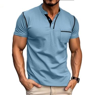 Imagem de Camiseta masculina fashion Henley clássica manga curta/longa leve botão algodão camiseta casual, Azul-celeste, G
