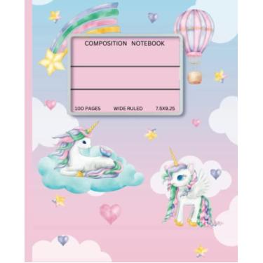 Imagem de Caderno de composição: Caderno preppy estético de unicórnio bonito pautado largo para meninas