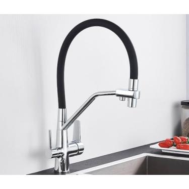 Imagem de Filtro de água torneira da cozinha 2 em 1 preto puxar para baixo torneiras pia água pura para cozinha deck giratória misturadora fria, cromo b