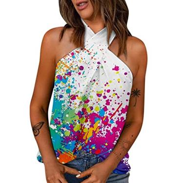 Imagem de Camiseta feminina sexy de verão com ombro de fora, casual, folgada, boho, rodada, para férias, Branco, GG