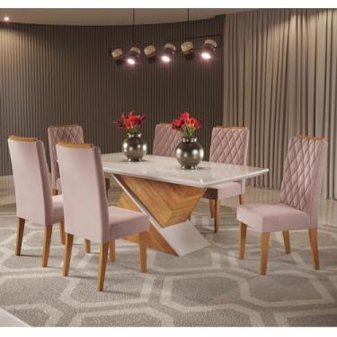 Imagem de Conjunto Sala de Jantar Mesa Epic Tampo Vidro/mdf com 6 Cadeiras Iza Mel/Off White/Rosa