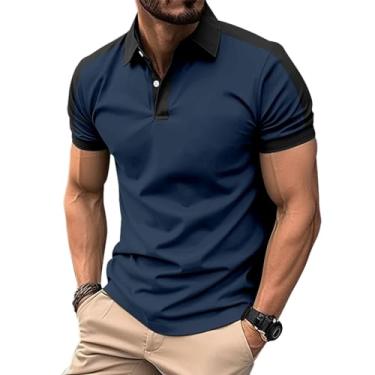 Imagem de Camisa polo masculina casual de manga curta clássica camisa de golfe moda botão de algodão com bolso, 4 - Azul-marinho, XXG