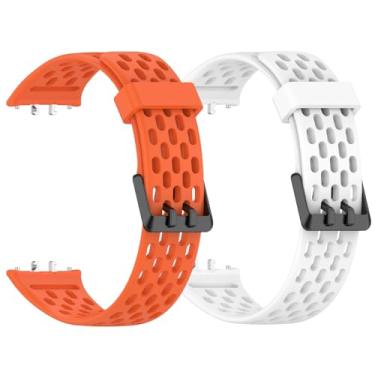 Imagem de Pacote com 2 pulseiras de relógio compatíveis com Samsung Galaxy Fit 3, pulseira de substituição de silicone macio para Galaxy Fit 3 (branco + laranja)