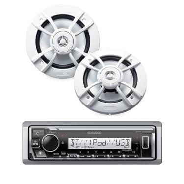 Imagem de KENWOOD KMR-D382BT Estéreo automotivo e marítimo - Din único, áudio Bluetooth, CD USB MP3, entrada auxiliar, rádio AM FM SiriusXM, à prova de intempéries (pacote de áudio: receptor e alto-falantes)