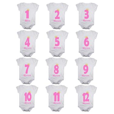 Imagem de Kit 12 Body Bebê Calupa Mesversario Manga Curta Números Rosa 1 A 12 Meses Feminino-Feminino