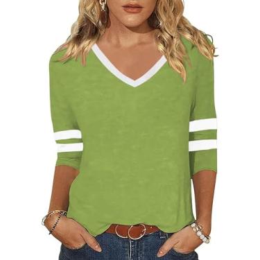 Imagem de ZUNQKG Camiseta feminina gola V manga 3/4 raglã patchwork macio casual moderno verão blusa tops tops, 01 - verde maçã, P