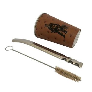 Imagem de Kit tereré cuia copo redondo alumínio revestido de couro modelo avestr