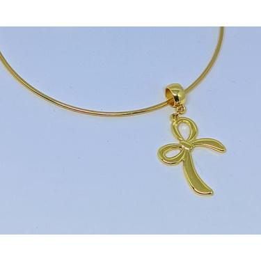Imagem de Kit Colar e Brincos Feminino Choker Aro Rígido Laço Delicado Folheado 