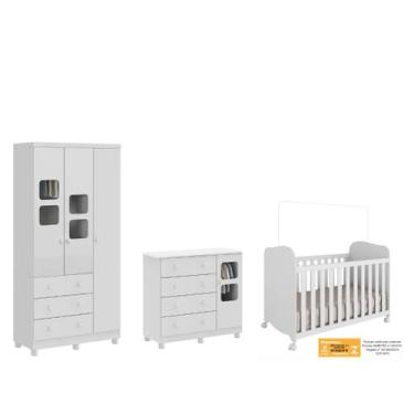 Imagem de Quarto Completo Bebê Moveis Peroba Uli 3 portas 100% MDF Branco