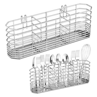 Imagem de Suporte de utensílios de aço inoxidável 304, escorredor de talheres com ganchos para escorredor de pratos, cesto de escorredor de facas e garfos com 3 compartimentos divididos, acessórios de cesta de