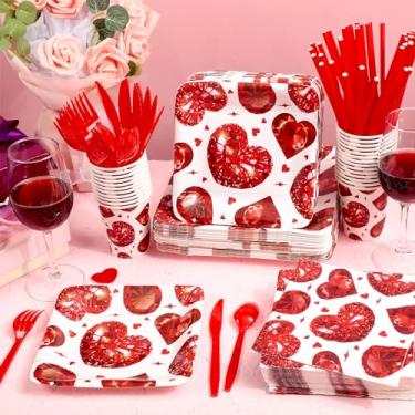 Imagem de Maxcheck Conjunto de 400 peças para festa do dia dos namorados amor coração diamante conjunto para 50 convidados 100 pratos de papel descartáveis 50 copos de papel 50 guardanapo 50 faca 50 colher 50