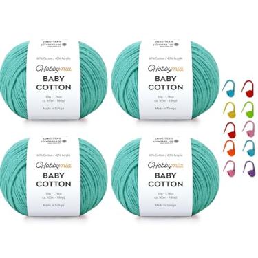 Imagem de HobbyMia Fio de algodão para bebês para crochê - 50 g / 180 m - (2) fio fino, peso esportivo - fio Amigurumi para linha de crochê - 60% algodão e 40% acrílico e 10 pontos (verde-marinho claro, 4 bolas