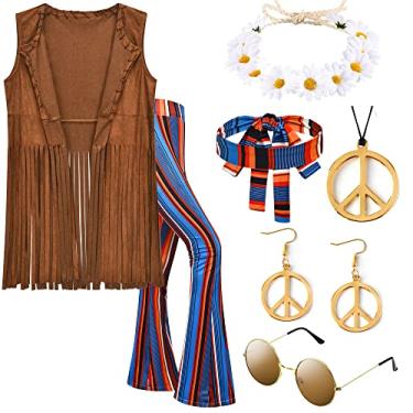 Imagem de ZeroShop Acessórios hippie de Halloween, roupas de fantasia dos anos 70, colete com franjas, calças de roupas dos anos 60, óculos hippie, faixas de cabeça, coroa de flores, brincos, colares para