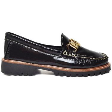 Imagem de Mocassim Feminino Tratorado Couro Preto Brilho Verniz Com Metal Dourad