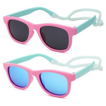 Imagem de Hycredi Óculos de sol polarizados flexíveis dobráveis para bebês com alça para recém-nascidos meninos meninas de 0 a 18 meses, B5 - Pacote com 2 - Rosa-verde/Cinza + Rosa-Verde/Azul Espelhado, Small