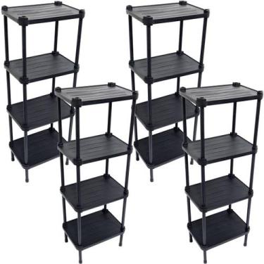 Imagem de 4 Estantes de Plástico Modular Multiuso 4 Prateleiras 1 Torre Preta Mo