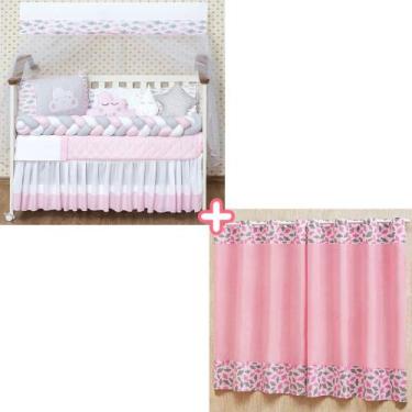 Imagem de Kit enxoval de berço com cortina estampada 12 peças nuvem trança - Bru