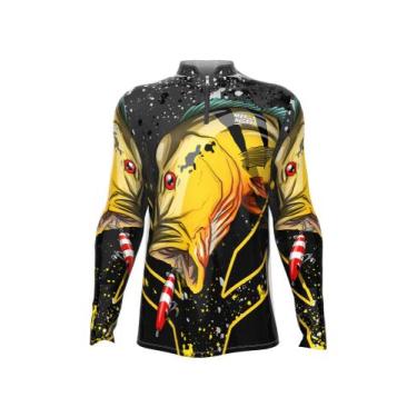 Imagem de Camiseta Mar Negro Peixe Pesca Proteção Solar 50+ Com Luvinha Tucunaré