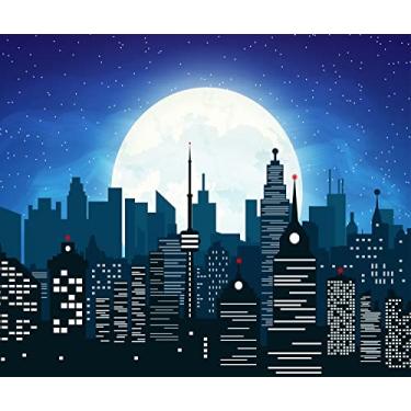 Imagem de CORFOTO Pano de fundo de cidade de desenho animado de 3 x 2,4 m para artigos de festa temáticos de super-heróis - fundo de horizonte de edifícios de lua noturna urbana - faixa de aniversário para