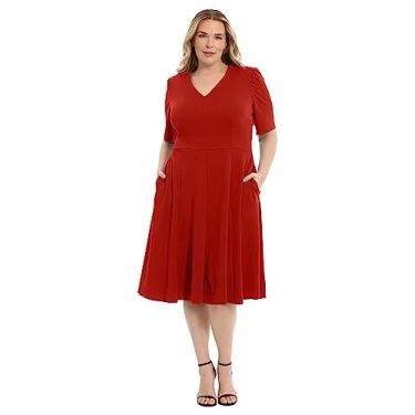 Imagem de Donna Morgan Vestido feminino plus size stretch crepe manga cotovelo decote V ajuste e flare midi, Vermelho, 54