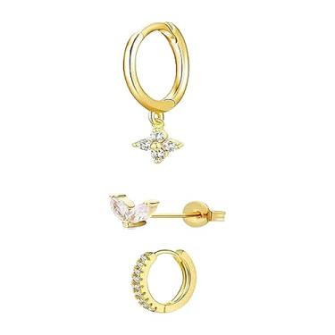 Imagem de CABEPHY Kit de brincos de argola de ouro, 3 furos, delicado, minimalista, presente, Prata