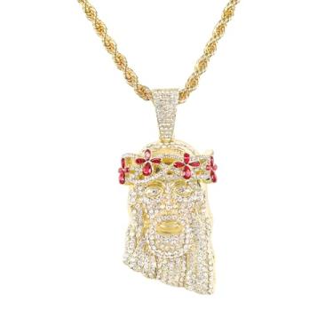 Imagem de ICE STAR Colar masculino com pingente de Jesus com coroa floral congelada com corrente de corda de 61 cm - Joias hip-hop com cristais simulados, 24-INCHES, Zinco, Zircônia cúbica