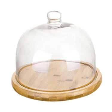 Imagem de Fenteer Suporte de bolo de bambu com cúpula de vidro, prato de diaplay, bandeja de servir para festa festiva, pequeno