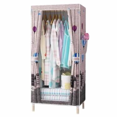 Imagem de Guarda-roupa Armário de guarda-roupa resistente dobrável grosso madeira maciça montado oxford pano único tecido dormitório aluguel pano guarda-roupa armário