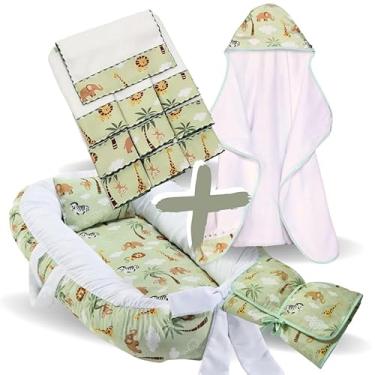 Imagem de Kit Completo Bebê – Toalha de Banho Forrada, Ninho Redutor de Berço, 6 Toalhas de Ombro e Trocador Portátil (Safari Verde)