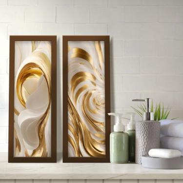 Imagem de Kit 2 Quadros Decorativos Lavabo Abstrato Branco Dourado Moderno Elega