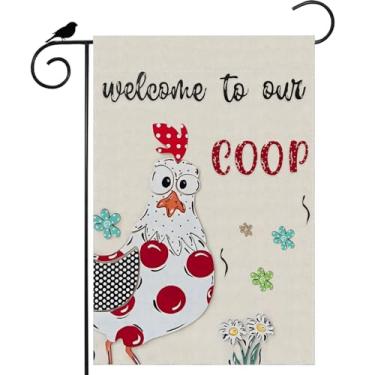Imagem de ZAEW Flores de galinha coloridas Welcome to Our Coop Garden Flag Farmhouse Yard Flag 30,5 x 45,7 cm dupla face pequena mini quintal decoração externa