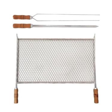Imagem de Kit Grelha Inox 40x60 Espeto Duplo Espada 50cm Cabo Madeira - LAURINDO